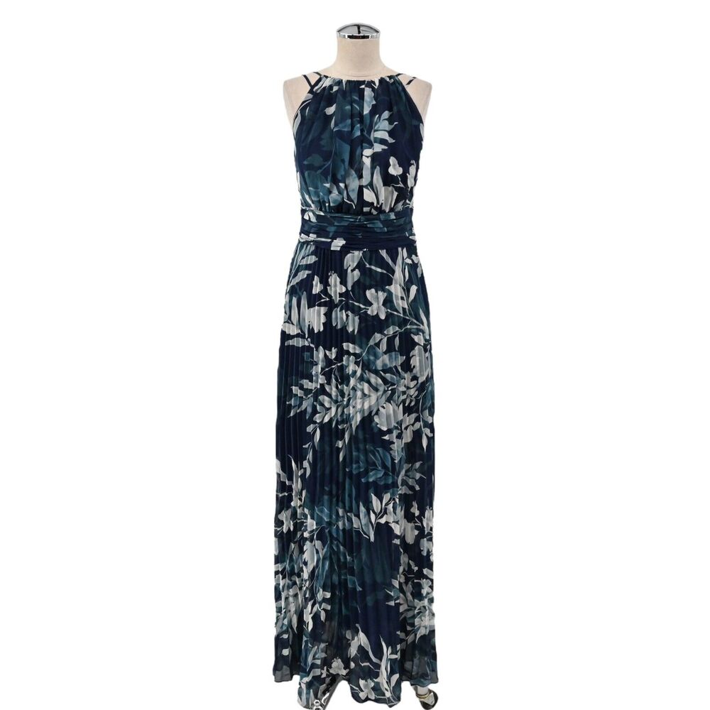 LAUREN RALPH LAUREN Dress Size 2 Blue Maxi Floral Print Pleated Sleeveless